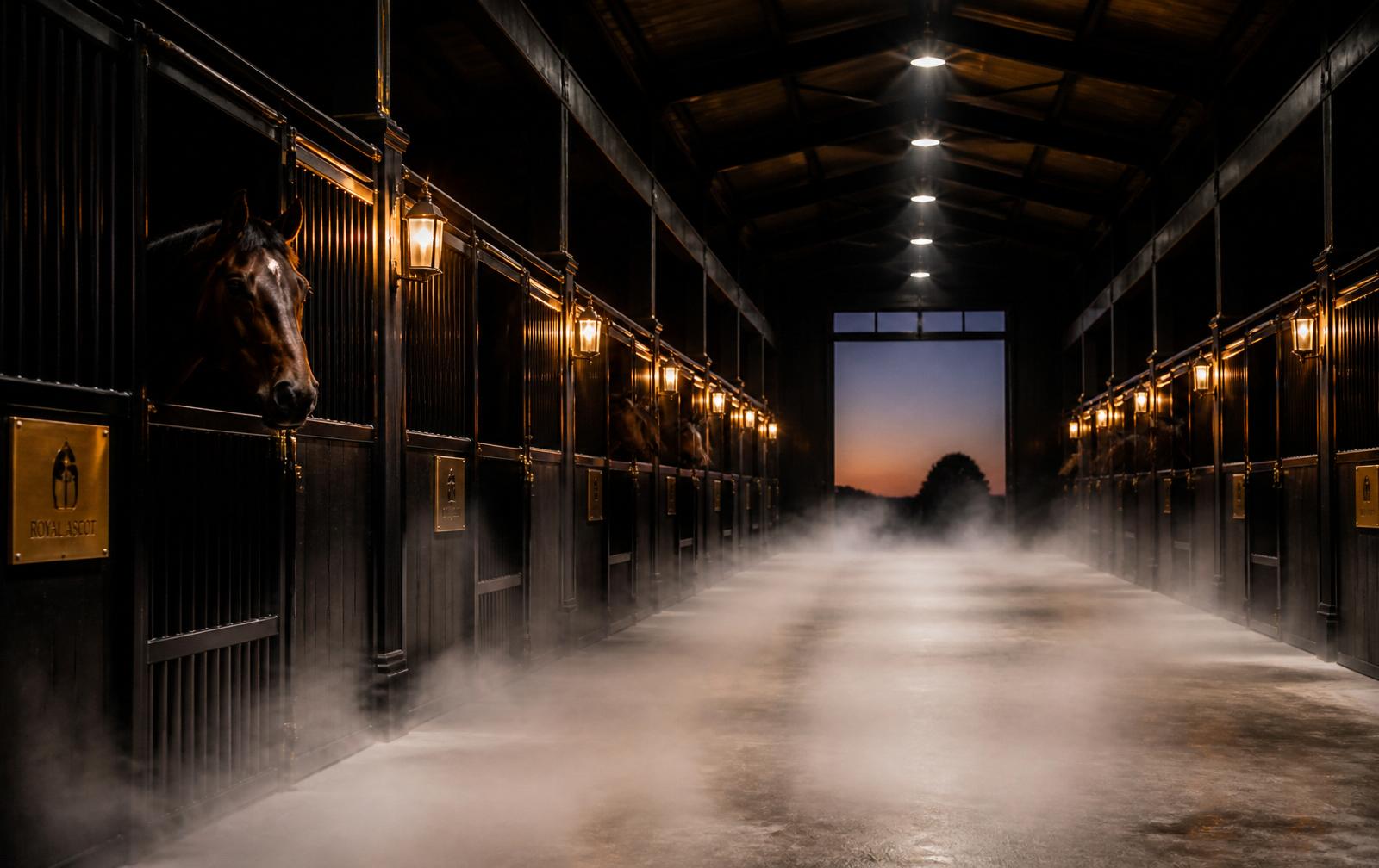Cold cryotherapy mist drifting down a warmly lit barn aisle